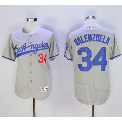 Los Angeles Dodgers #34 Fernando Valenzuela Grey Flexbase Authentic Collection Road Stitched Jersey Men's