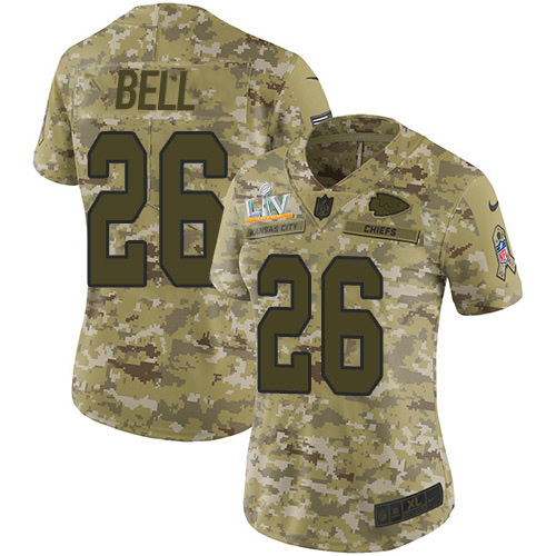 Kansas City Chiefs #26 Le'Veon Bell Camo Women's Super Bowl LV Bound Stitched Limited 2018 Salute To Service Jersey Womens