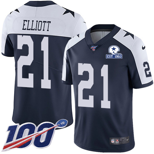 Cowboys #21 Ezekiel Elliott Navy Blue Thanksgiving Men's Stitched With Established In 1960 Patch 100th Season Vapor Untouchable Limited Throwback