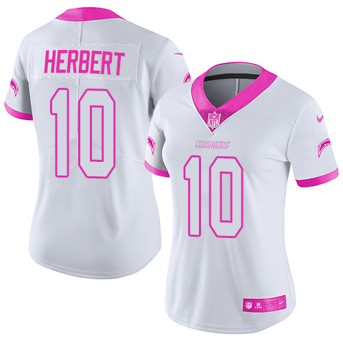 Chargers #10 Justin Herbert White/Pink Women's Stitched Limited Rush Fashion Jersey