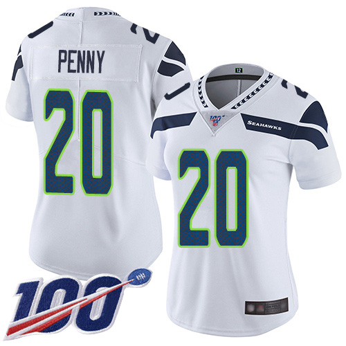 Seattle Seahawks #20 Rashaad Penny White Women's Stitched 100th Season Vapor Limited Jersey Womens