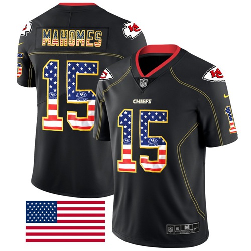 Chiefs #15 Patrick Mahomes Black Men's Stitched Limited Rush USA Flag Jersey