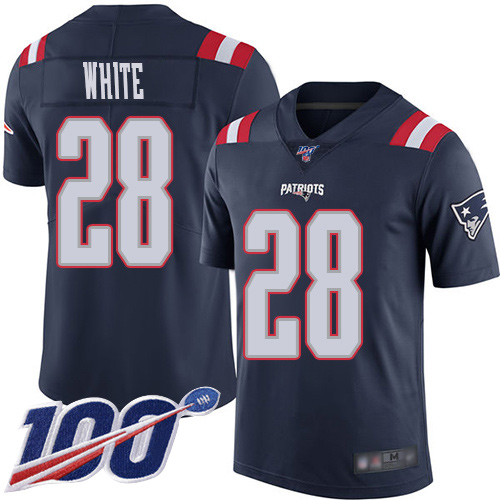 New England Patriots #28 James White Navy Blue Men's Stitched Limited Rush 100th Season Jersey Men's