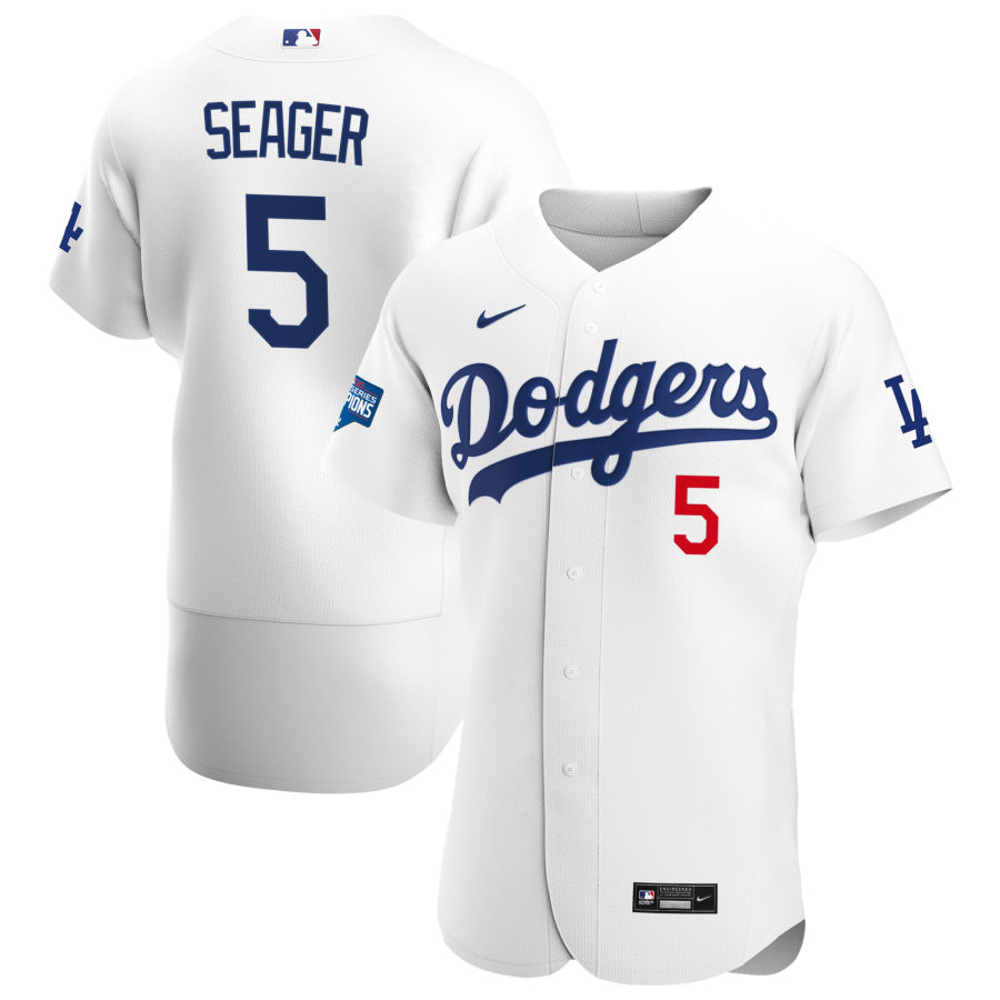 Los Angeles Dodgers #5 Corey Seager Men's White Home 2020 World Series Champions Authentic Player Jersey