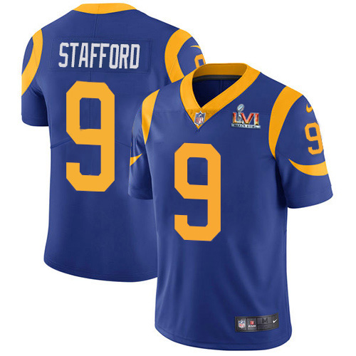Rams #9 Matthew Stafford Royal Blue Alternate Super Bowl LVI Patch Men's Stitched Vapor Untouchable Limited Jersey