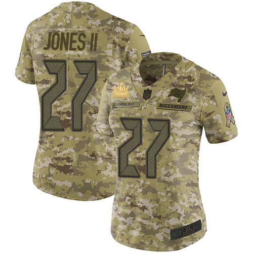 Tampa Bay Buccaneers #27 Ronald Jones II Camo Women's Super Bowl LV Champions Patch Stitched Limited 2018 Salute To Service Jersey Womens