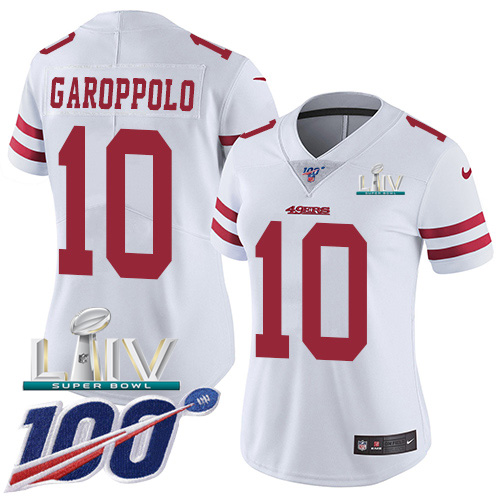 49ers #10 Jimmy Garoppolo White Super Bowl LIV 2020 Women's Stitched 100th Season Vapor Limited Jersey