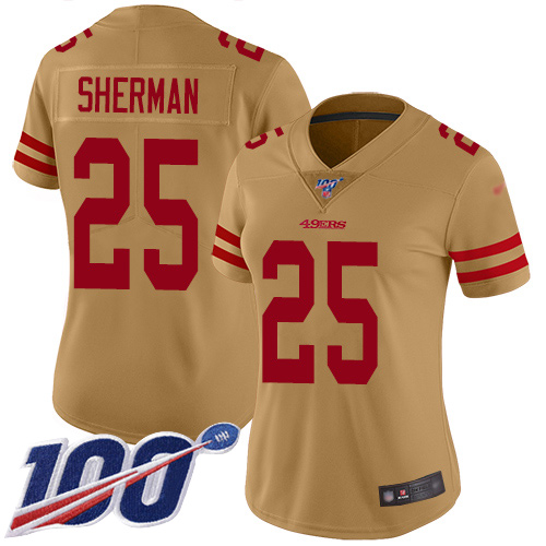 San Francisco 49ers #25 Richard Sherman Gold Women's Stitched Limited Inverted Legend 100th Season Jersey Womens