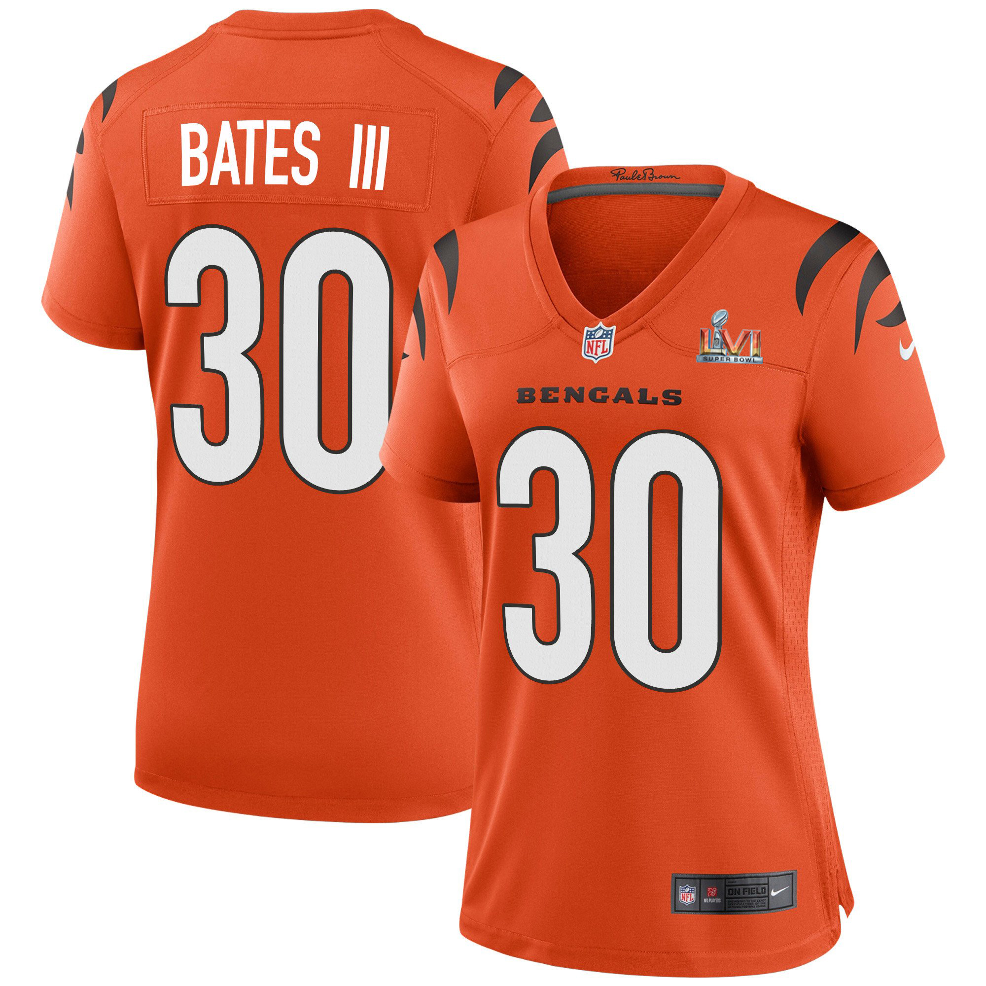 Cincinnati Bengals #30 Jessie Bates Orange Super Bowl LVI Patch Women's Game Jersey