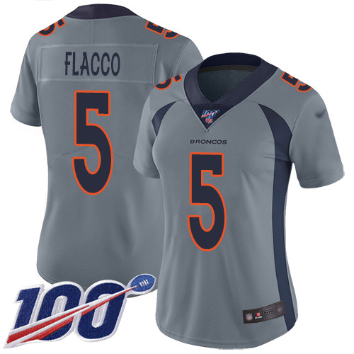 Denver Broncos #5 Joe Flacco Gray Women's Stitched Limited Inverted Legend 100th Season Jersey Womens