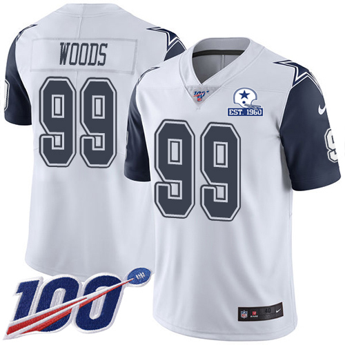 Dallas Cowboys #99 Antwaun Woods White Men's Stitched With Established In 1960 Patch Limited Rush 100th Season Jersey Men's