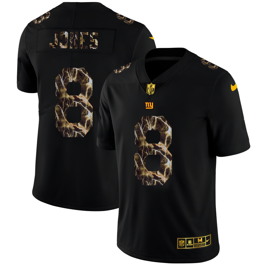 New York Giants #8 Daniel Jones Men's Black Flocked Lightning Vapor Limited Jersey