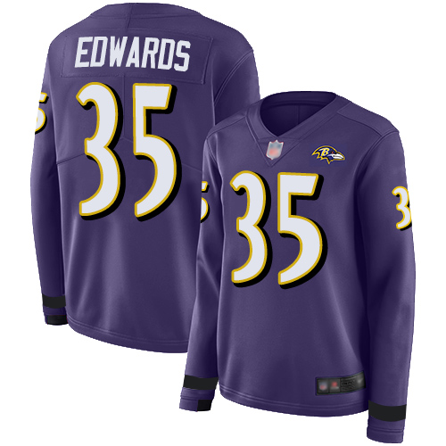 Baltimore Ravens #35 Gus Edwards Purple Team Color Women's Stitched Limited Therma Long Sleeve Jersey Womens