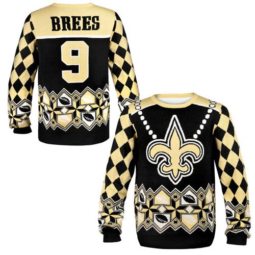 Saints #9 Drew Brees Black/Gold Men's Ugly Sweater
