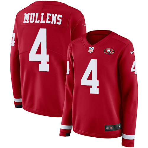 San Francisco 49ers #4 Nick Mullens Red Team Color Women's Stitched Limited Therma Long Sleeve Jersey Womens