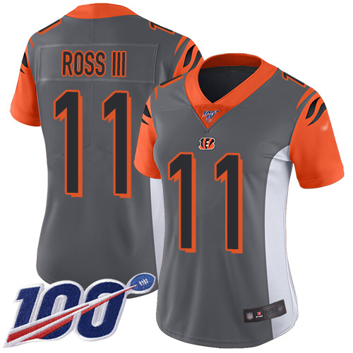Cincinnati Bengals #11 John Ross III Silver Women's Stitched Limited Inverted Legend 100th Season Jersey Womens