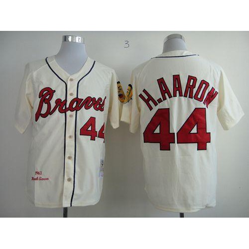 Mitchell And Ness 1963 Atlanta Braves #44 Hank Aaron Cream Throwback Stitched Jersey Men's