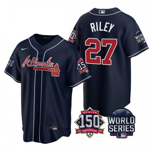 Atlanta Atlanta Braves #27 Austin Riley Men's 150th Anniversary 2021 World Series Game Jersey - Navy Men's