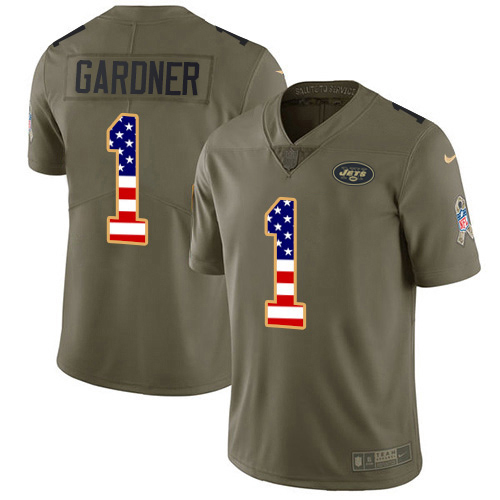 Jets #1 Ahmad Sauce Gardner Olive/USA Flag Youth Stitched Limited 2017 Salute To Service Jersey