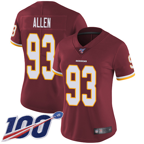 Commanders #93 Jonathan Allen Burgundy Red Team Color Women's Stitched 100th Season Vapor Limited Jersey