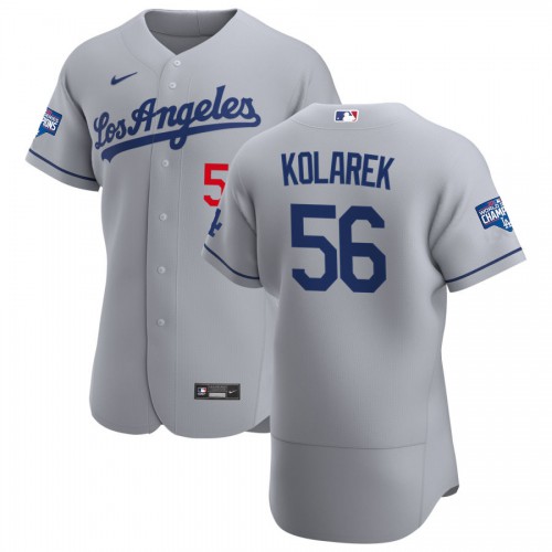 Los Angeles Los Angeles Dodgers #56 Adam Kolarek Men's Gray Road 2020 World Series Champions Authentic Team Jersey Men's