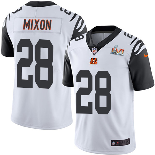 Bengals #28 Joe Mixon White Super Bowl LVI Patch Men's Stitched Limited Rush Jersey