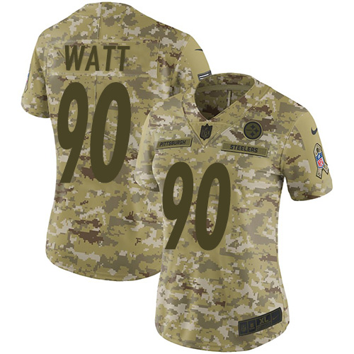 Steelers #90 T. J. Watt Camo Women's Stitched Limited 2018 Salute To Service Jersey