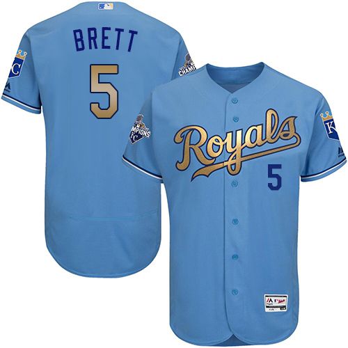 Kansas City Royals #5 George Brett Light Blue FlexBase Authentic 2015 World Series Champions Gold Program Stitched Jersey Men's
