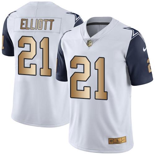 Cowboys #21 Ezekiel Elliott White Men's Stitched Limited Gold Rush Jersey