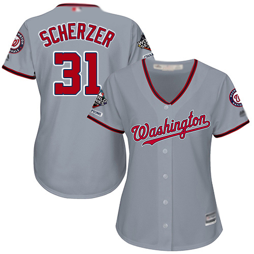 Washington Nationals #31 Max Scherzer Grey Road 2019 World Series Champions Women's Stitched Jersey Womens