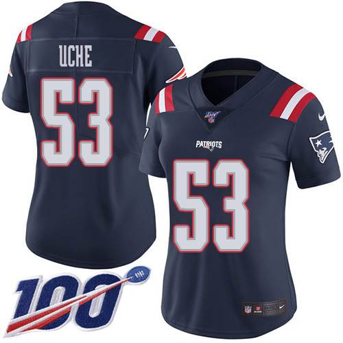 New England Patriots #53 Josh Uche Navy Blue Women's Stitched Limited Rush 100th Season Jersey Womens