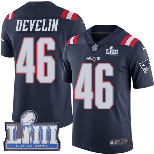 New England Patriots #46 James Develin Navy Blue Super Bowl LIII Bound Youth Stitched Limited Rush Jersey Youth