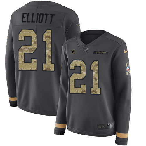Cowboys #21 Ezekiel Elliott Anthracite Salute To Service Women's Stitched Limited Therma Long Sleeve Jersey