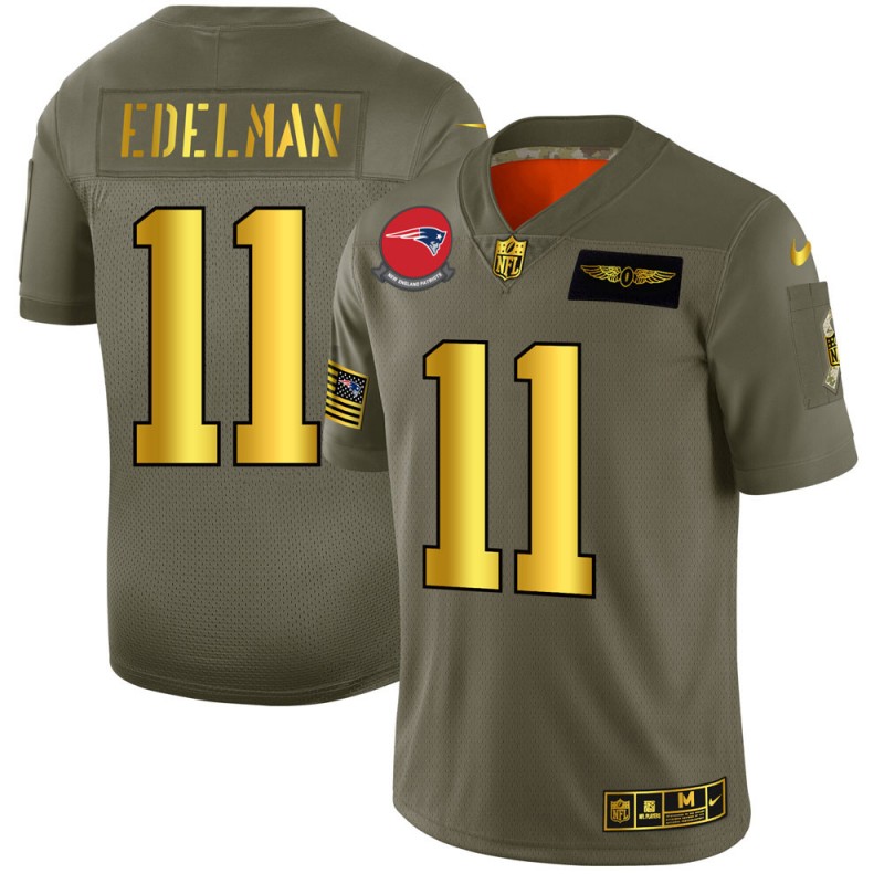 New England Patriots #11 Julian Edelman Men's Olive Gold 2019 Salute To Service Limited Jersey