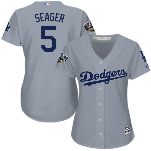 Los Angeles Dodgers #5 Corey Seager Grey Alternate Road 2018 World Series Women's Stitched Jersey Womens