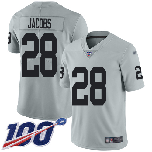 Raiders #28 Josh Jacobs Silver Men's Stitched Limited Inverted Legend 100th Season Jersey