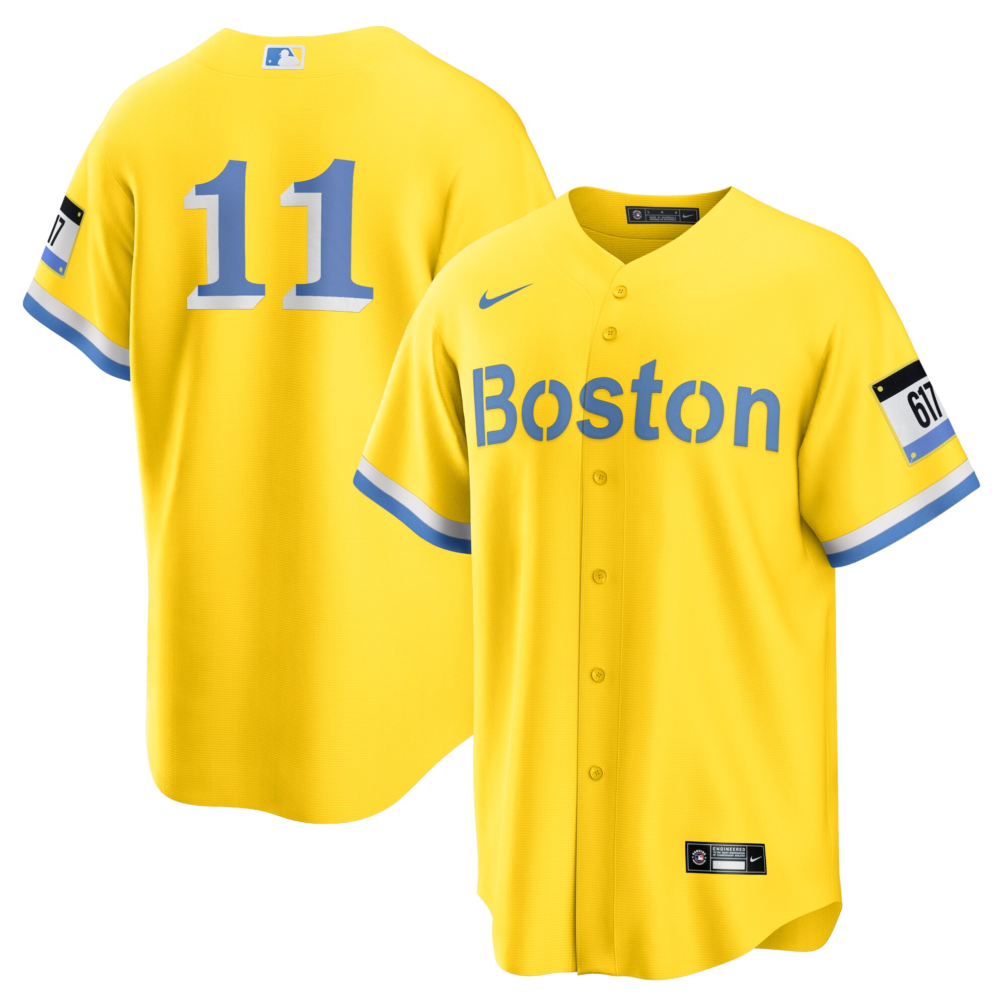 Men's Youth Women's Boston Red Sox #11 Rafael Devers Gold Light Blue 2021 City Connect Cool Base Jersey