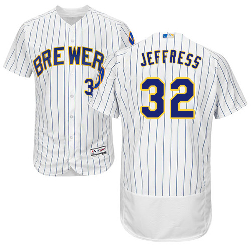 Milwaukee Brewers #32 Jeremy Jeffress White Strip Flexbase Authentic Collection Stitched Jersey Men's