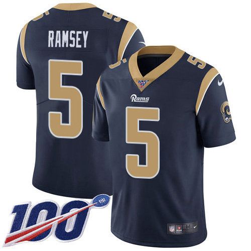 Rams #5 Jalen Ramsey Navy Blue Team Color Youth Stitched 100th Season Vapor Limited Jersey