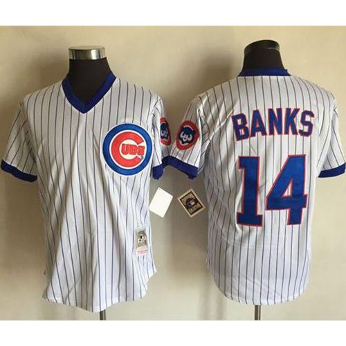 Mitchell And Ness Chicago Cubs #14 Ernie Banks White(Blue Strip) Throwback Stitched Jersey Men's