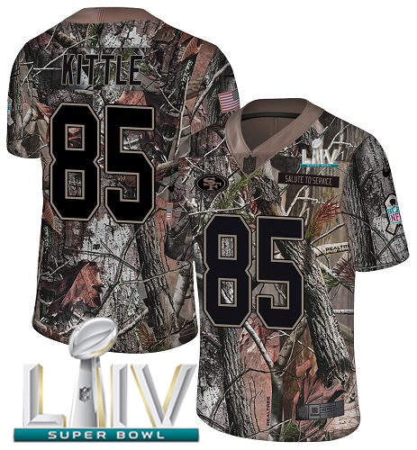 49ers #85 George Kittle Camo Super Bowl LIV 2020 Men's Stitched Limited Rush Realtree Jersey