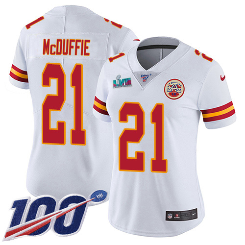 Chiefs #21 Trent McDuffie White Super Bowl LVII Patch Women's Stitched 100th Season Vapor Limited Jersey