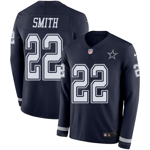 Cowboys #22 Emmitt Smith Navy Blue Team Color Men's Stitched Limited Therma Long Sleeve Jersey