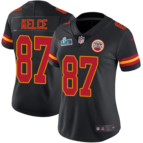Chiefs #87 Travis Kelce Black Super Bowl LVII Patch Women's Stitched Limited Rush Jersey