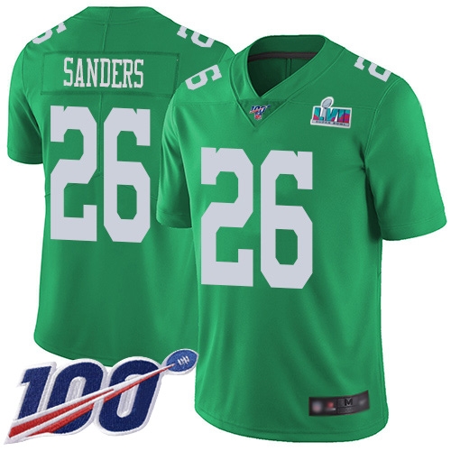Eagles #26 Miles Sanders Green Super Bowl LVII Patch Youth Stitched Limited Rush 100th Season Jersey