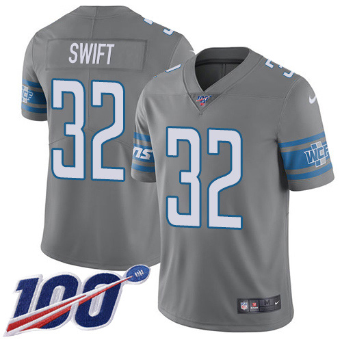 Detroit Lions #32 D'Andre Swift Gray Men's Stitched Limited Rush 100th Season Jersey Men's