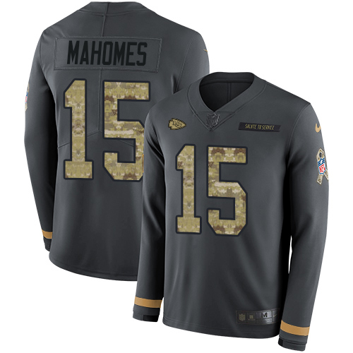 Chiefs #15 Patrick Mahomes Anthracite Salute To Service Youth Stitched Limited Therma Long Sleeve Jersey