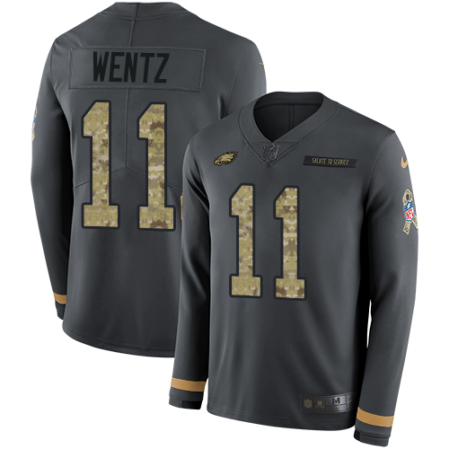 Philadelphia Eagles #11 Carson Wentz Anthracite Salute to Service Youth Stitched Limited Therma Long Sleeve Jersey Youth