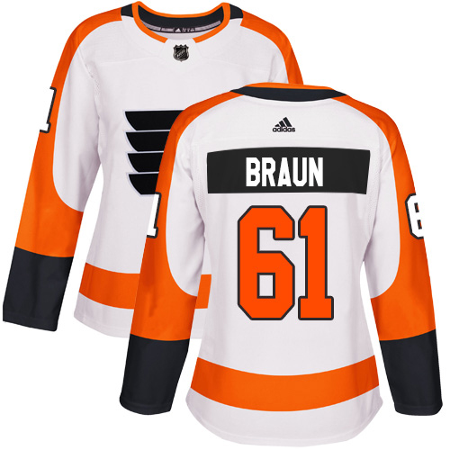 Adidas Philadelphia Flyers #61 Justin Braun White Road Authentic Women's Stitched Jersey Womens