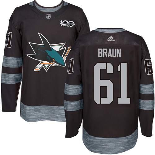 Adidas San Jose Sharks #61 Justin Braun Black 1917-2017 100th Anniversary Stitched Jersey Men's